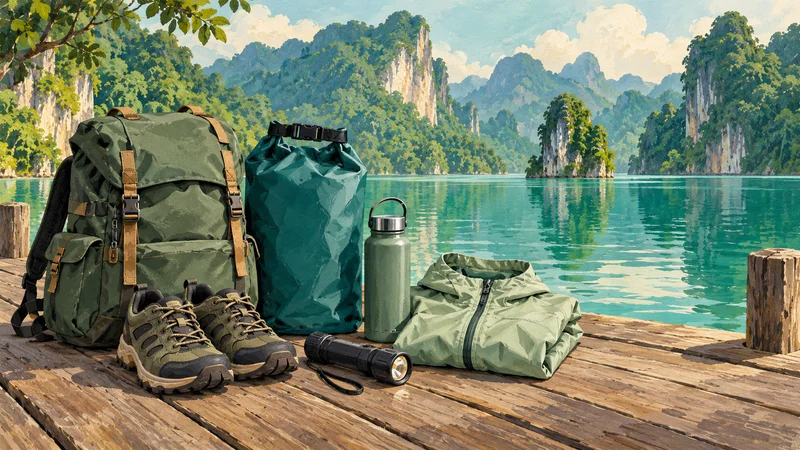 Illustrierte Reisetasche, wasserdichte Hülle und Schuhe am Cheow-Lan-See Illustrierte Reisetasche, wasserdichte Hülle und Schuhe am Cheow-Lan-See